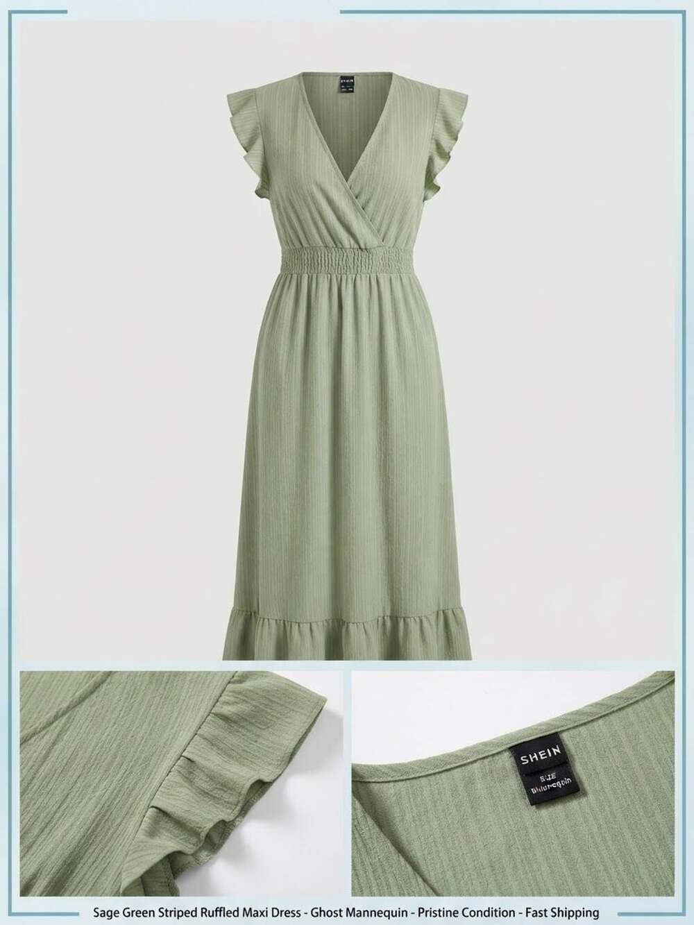 SHEIN Sage Green Textured V-Neck Ruffle Cap Sleeve Maxi Dress